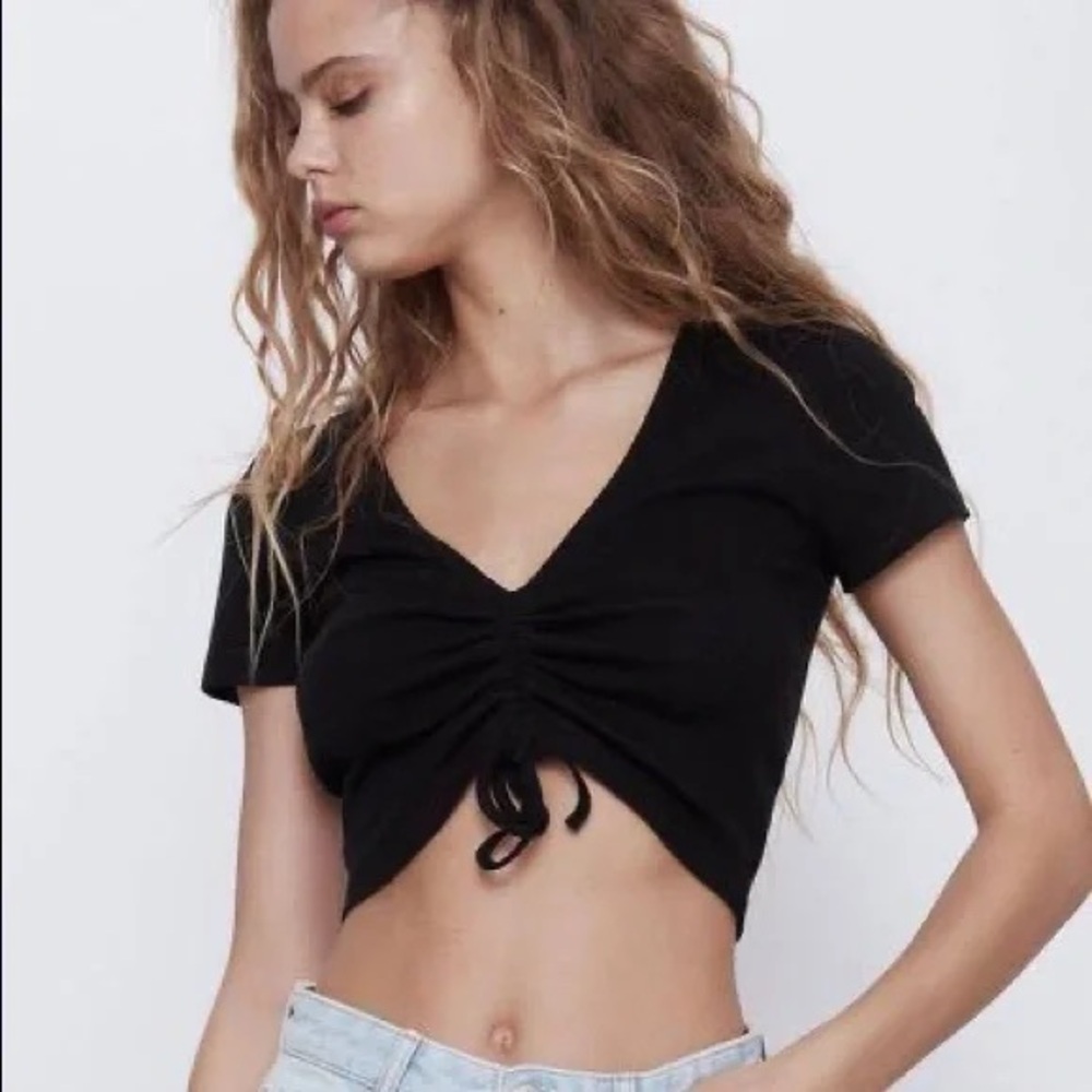 Zara Black Ruched Crop Blouse M